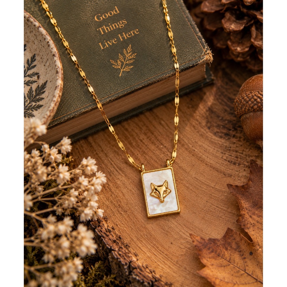 Gold Fox Necklace Mother of Pearl Shell Pendant Woodland Animal Jewelry 18"